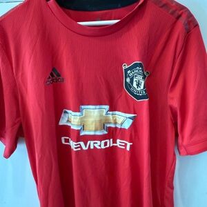 adidas Men Maguire Red Manchester United Soccer Jersey with Black Accents